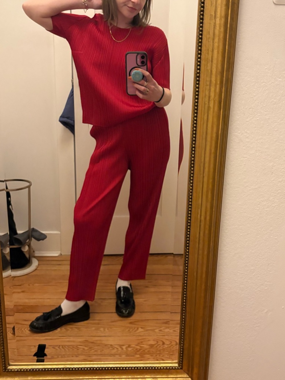 Issey Miyake Pleats Please Red Ribbed set